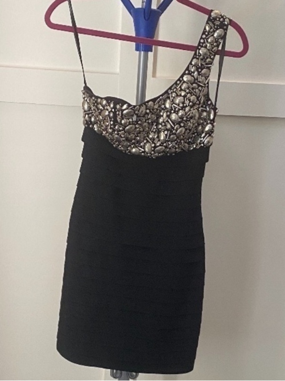 Tony Bowls Black Dress with Silver Sequin One-Shoulder Bodice